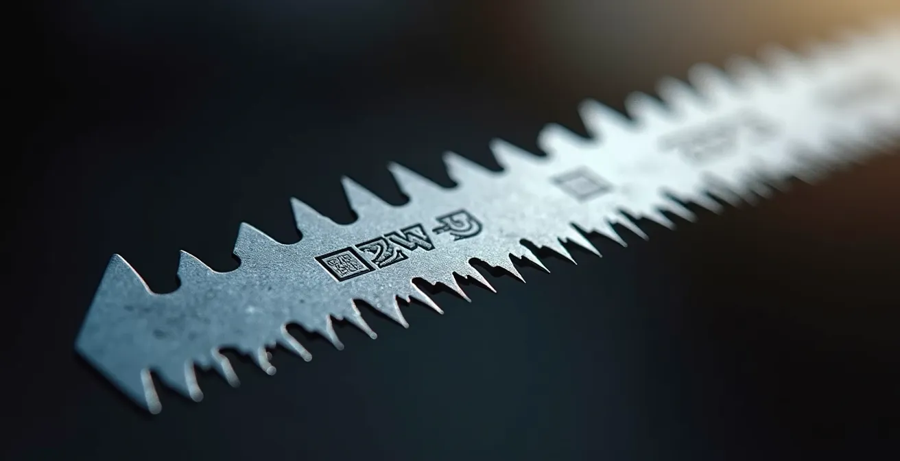 Gros plan sur une lame de scie à os en acier, détails des dents, éclairage latéral, profondeur de champ réduite, textures métalliques