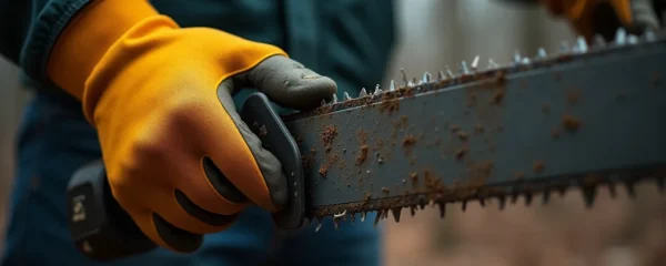 Main gantée tenant fermement un guide de scie à os, lame en arrière-plan floue, lumière naturelle douce, textures réalistes du métal et du gant, espace négatif exploitable