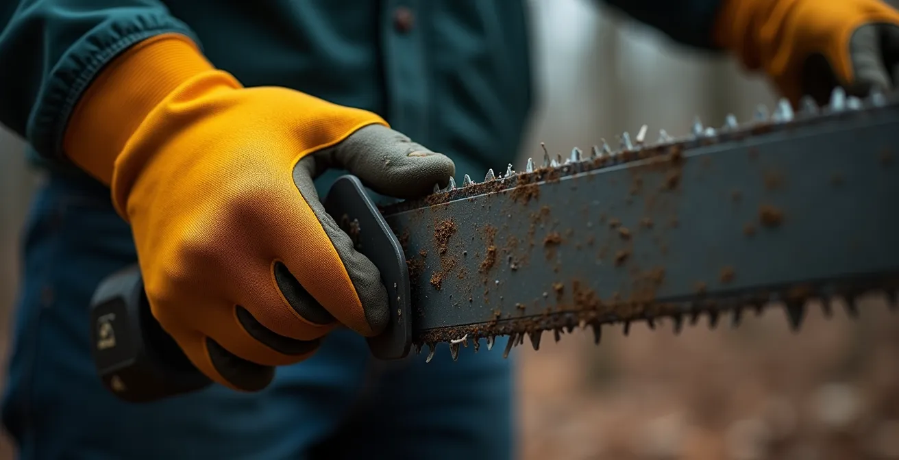 Main gantée tenant fermement un guide de scie à os, lame en arrière-plan floue, lumière naturelle douce, textures réalistes du métal et du gant, espace négatif exploitable