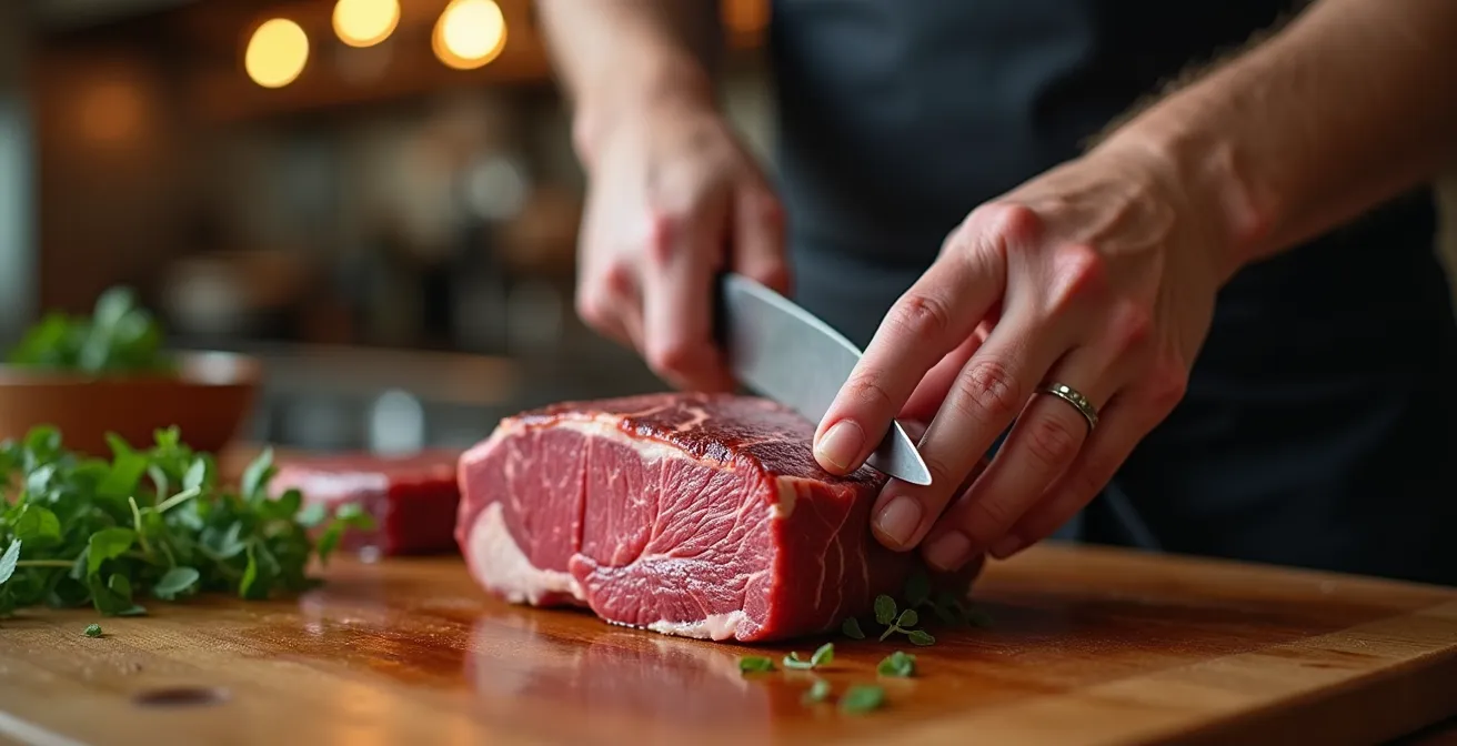 Chef en cuisine découpant une pièce de bœuf avec précision sur un billot professionnel