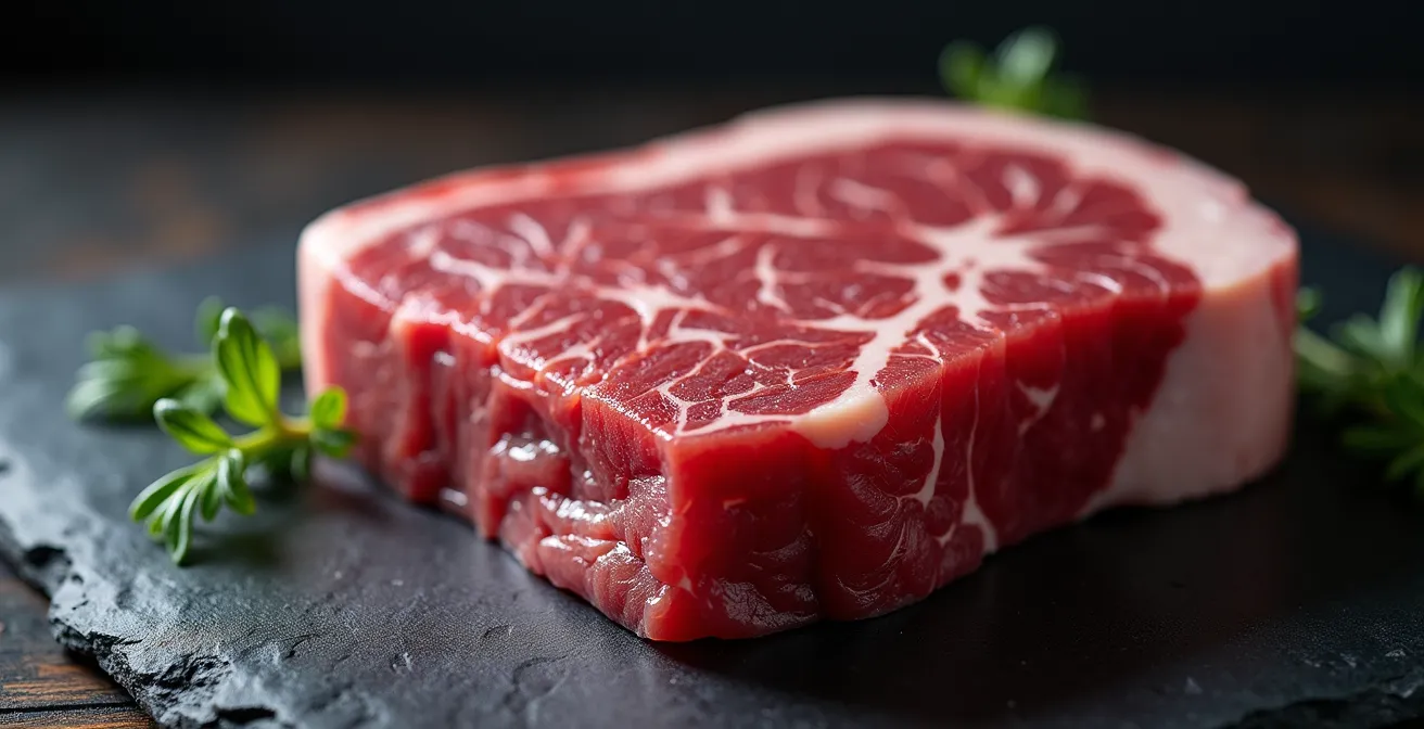 Analyse détaillée de la texture marbrée d'une pièce de viande premium
