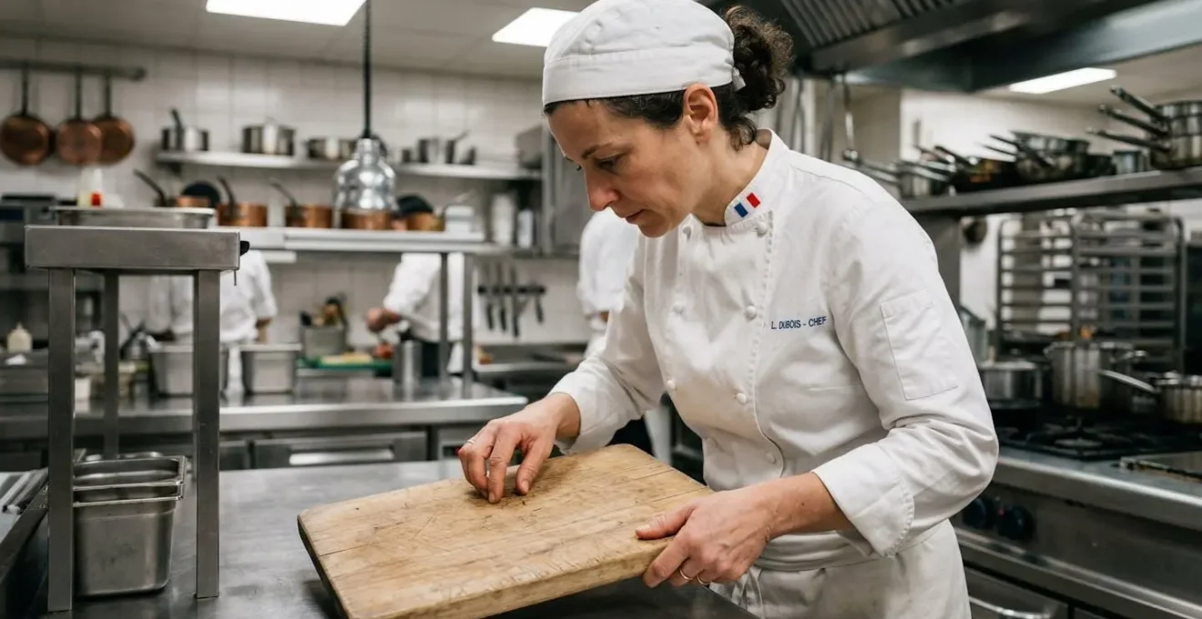 Chef professionnel inspectant une planche à découper dans une cuisine de restaurant