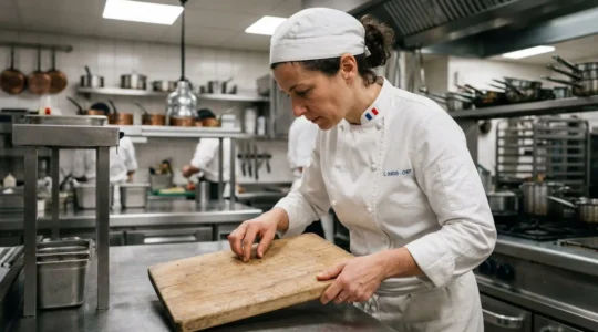 Chef professionnel inspectant une planche à découper dans une cuisine de restaurant