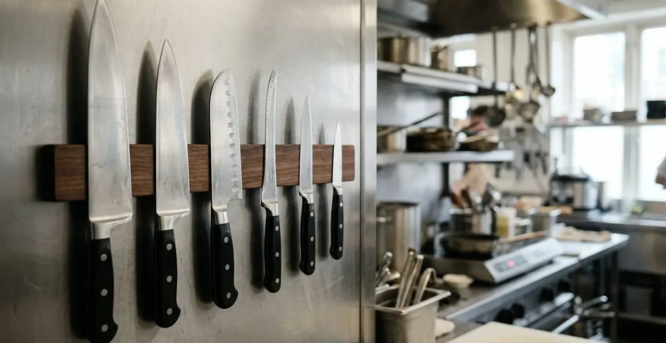Couteaux professionnels rangés sur une barre aimantée en cuisine de restaurant