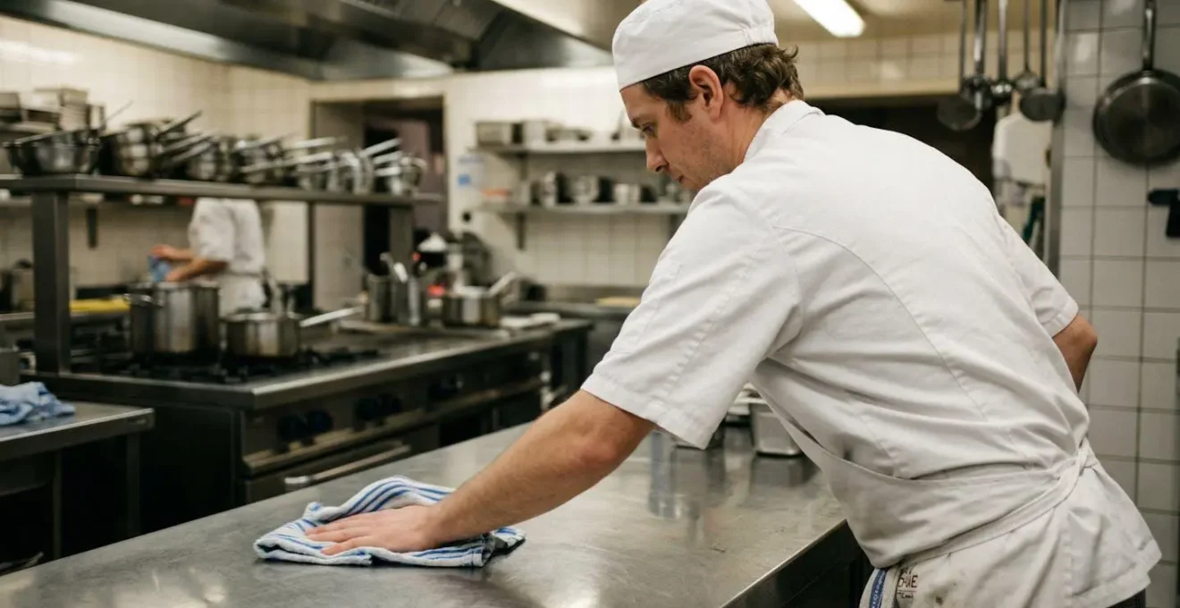 Membre d'équipe cuisine désinfectant une surface de travail en inox